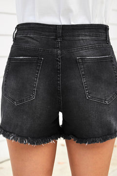 Raw Hem Distressed Denim Shorts with Pockets