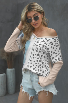 Tie Dye Leopard Contrast Waffle Knit Top