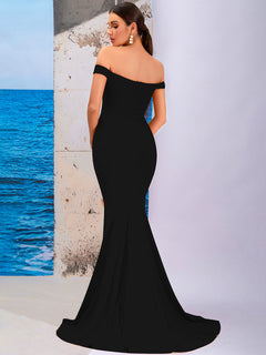 Off-Shoulder Split Fishtail Dress with Train