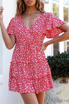 Floral V-Neck Layered Ruffled Dress