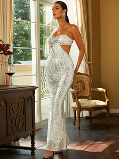 Sequin Strapless Sweetheart Neck Maxi Dress