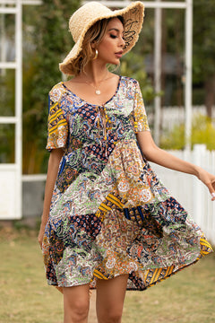 Multicolor Pring Tie V-Neck Smock Dress