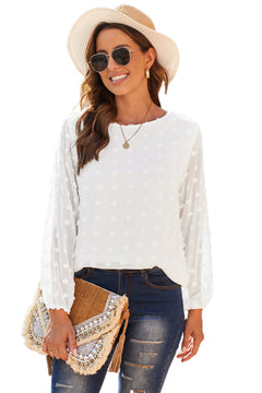 Swiss Dot Balloon Sleeve Crewneck Blouse