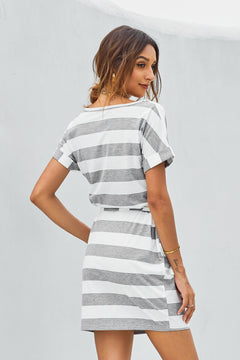 Stripes Pocketed T-shirt Dress with Belt