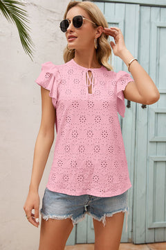 Eyelet Embroidery Tie-Neck Top