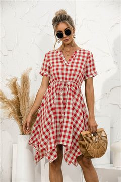 Plaid V-Neck Asymmetrical Trim Dress