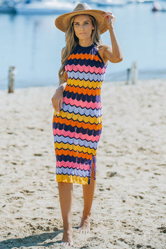 Multicolored Side Slit Knit Sweater Dress