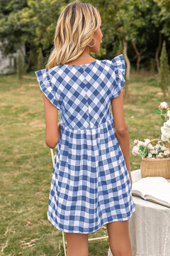 Plaid Butterfly Sleeve V-Neck Dress