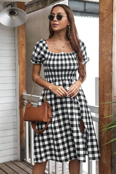 Gingham Smocked Ruffle Sleeve Slit Midi Dress