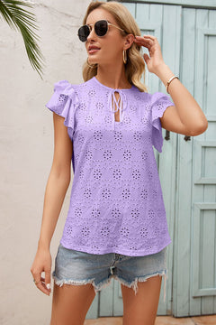 Eyelet Embroidery Tie-Neck Top