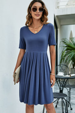 V-Neck Pleated Knee-Length Dress