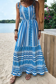 Mixed Print Tie-Shoulder Maxi Dress