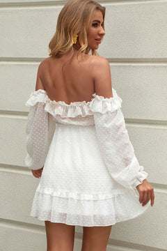 Swiss Dot Off-Shoulder Frill Trim A-Line Dress