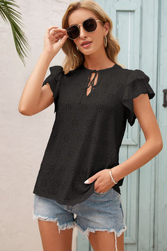 Eyelet Embroidery Tie-Neck Top