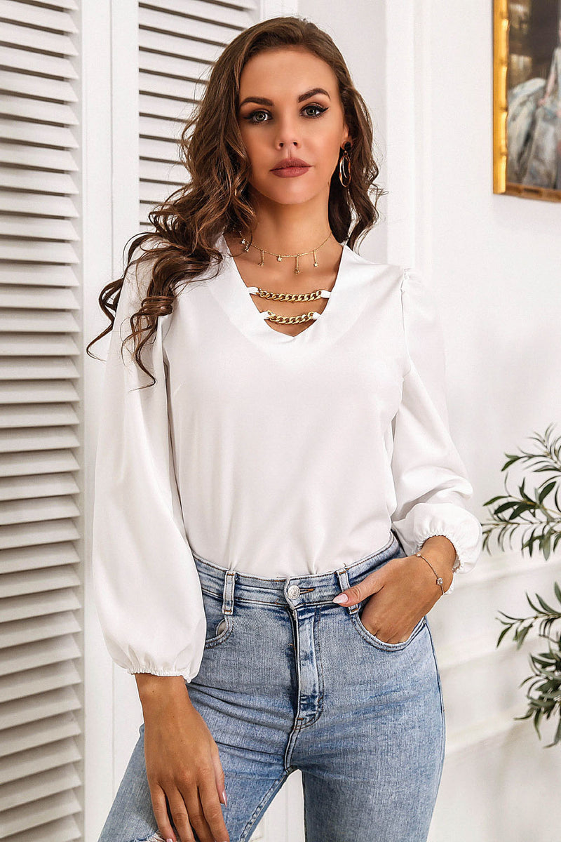 Chain Detail V-Neck Balloon Sleeve Blouse