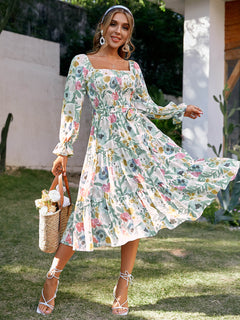 Floral Tie-Waist Smocked Tiered Dress