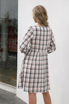 Plaid Three-quarter Sleeve Babydoll Dress