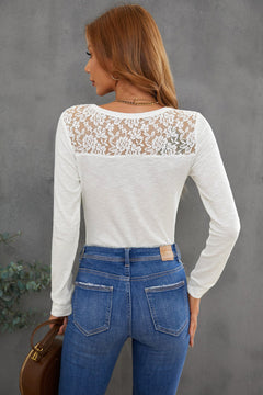 Lace Back Button Up Crewneck Top