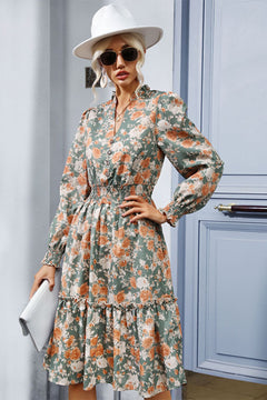 Floral Smocked Decorative Button Midi Dress