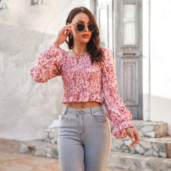 Floral Bubble Sleeve Smocked Top