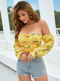 Ruched Off-Shoulder Flounce Sleeve Cropped Top