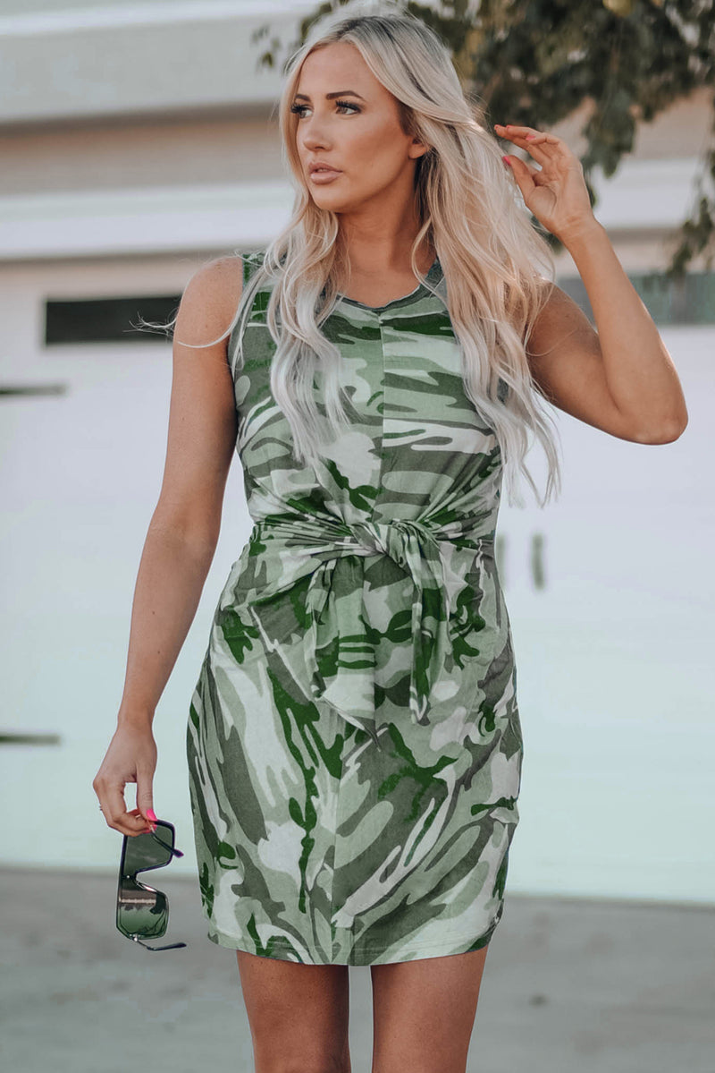 Camouflage Printed Tie Sleeveless Mini Dress