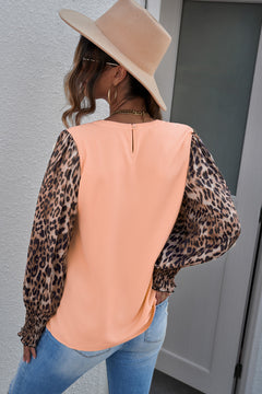 Leopard Puff Sleeve Spliced Top