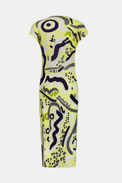 Abstract Print Accordion Pleated Round Neck Midi Dress