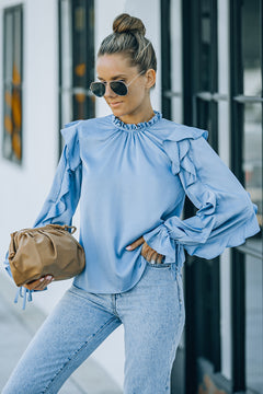 Ruffled Sleeve Frill Neck Gathered Detail Blouse