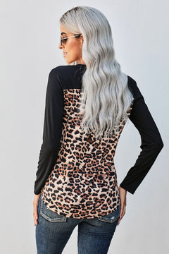 Contrast Leopard V-Neck Pocket Blouse